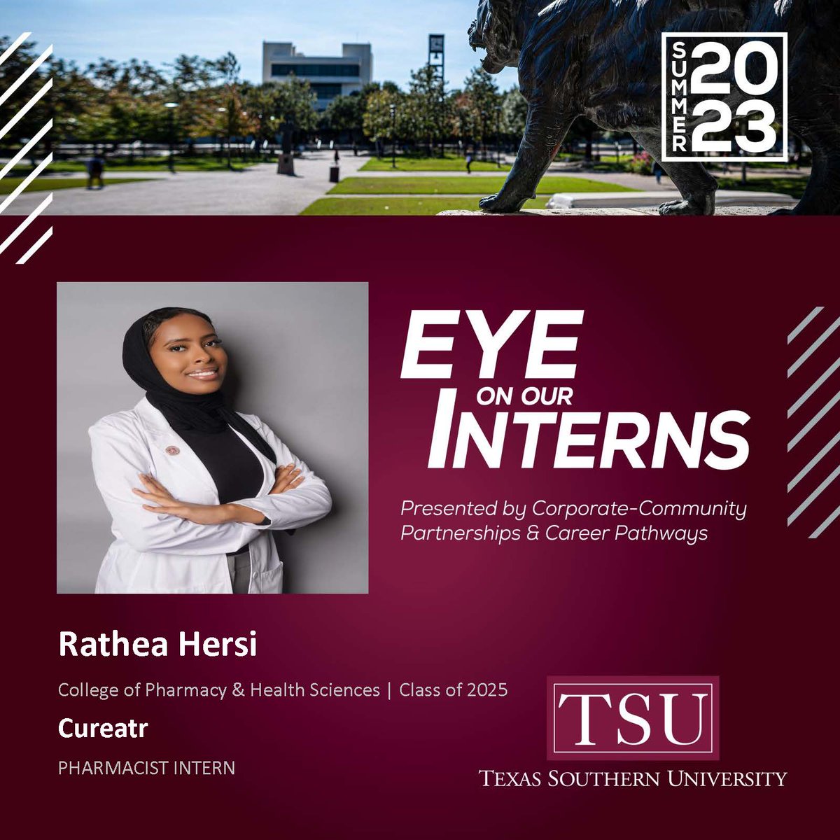 TexasSouthern's tweet photo. Rathea Hersi is a Pharmacist Intern with the New York-based medication management company @Cureatr. She's a PharmD candidate from Houston. She plans to become a managed care pharmacist. #TSUProud #TexasSouthern #TSU #TSUInterns #EyeOnOurInterns https://t.co/BxhvDbAS8q