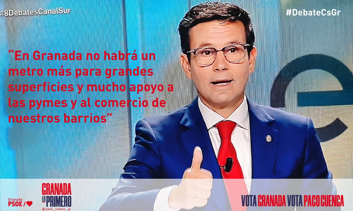 PacoCuenca's tweet photo. “En #Granada no habrá más metro para grandes superficies y mucho apoyo a las pymes y al comercio de los barrios”
#DebateCsGr
#GranadaLoPrimero🚀✨ https://t.co/FgvlSXG4iI
