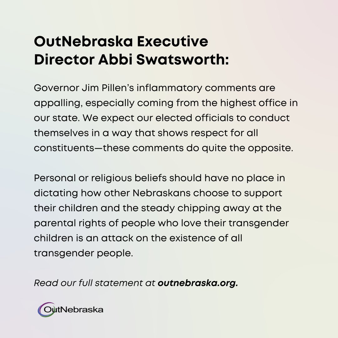We're deeply disheartened by recent comments made by Governor Jim Pillen about transgender youth and parents who support them.

Full statement: ow.ly/n7Br50Ox3BZ