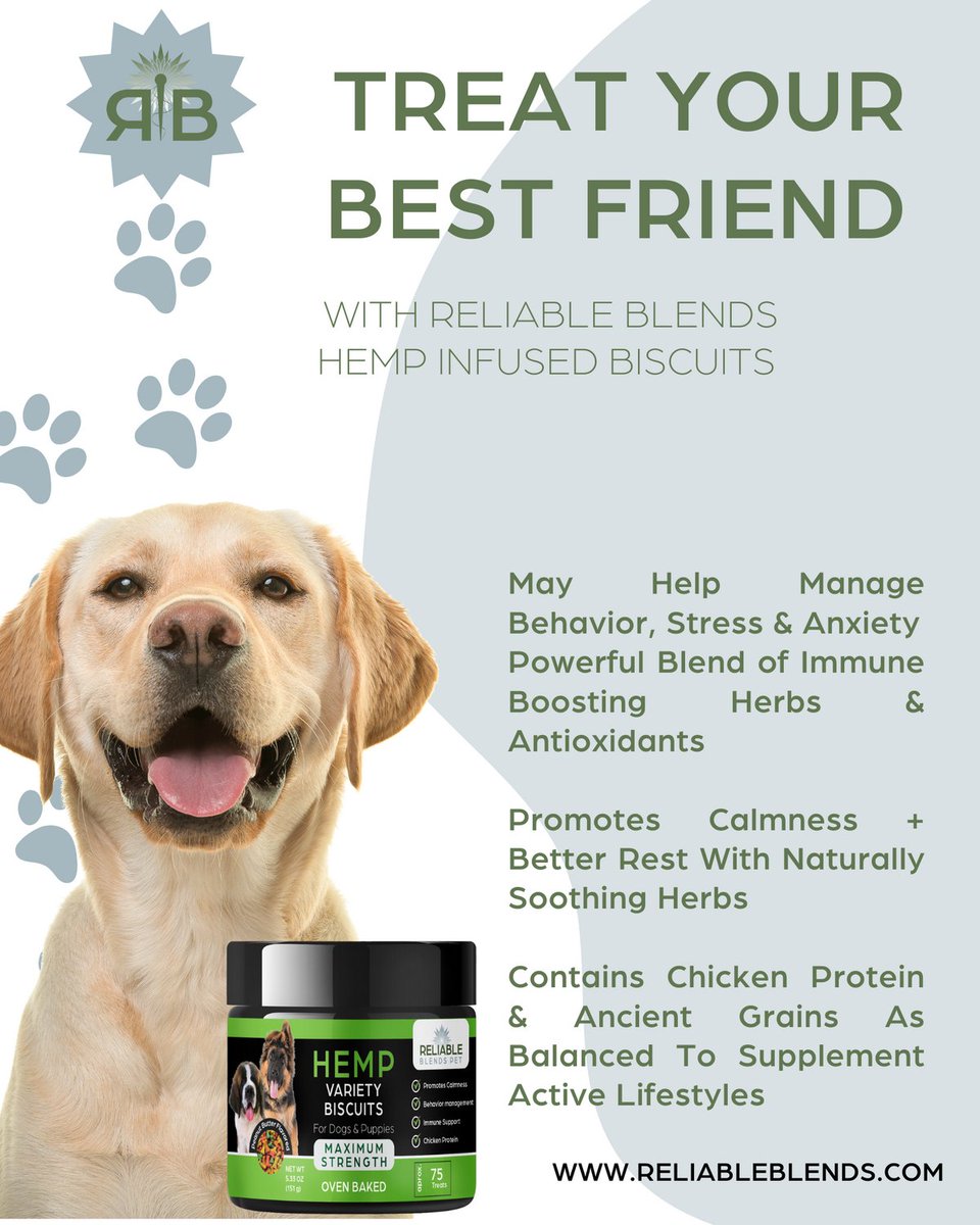 Treat you best friend, with Reliable Blends Hemp Infused Biscuits!

Available in Peanut Butter, Bacon and Duck flavor!

reliableblends.com

#reliableblends #cbd #pet #petcbd #petcare #dog