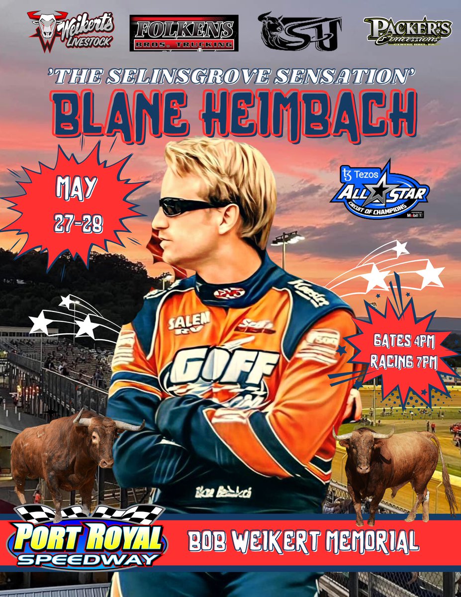 The most recent winner in Weikert’s Livestock 410 competition at the Speedway, Blane Heimbach/Creasy Heimbach Racing will look to add the @ASCoC #bobweikertmemorial to his 2023 haul! 

All gates open at 4PM, Racing at 7pm
Sat-GA- $25, St- $15, P- $35
Sun-GA- $30, St- $20, P- $40