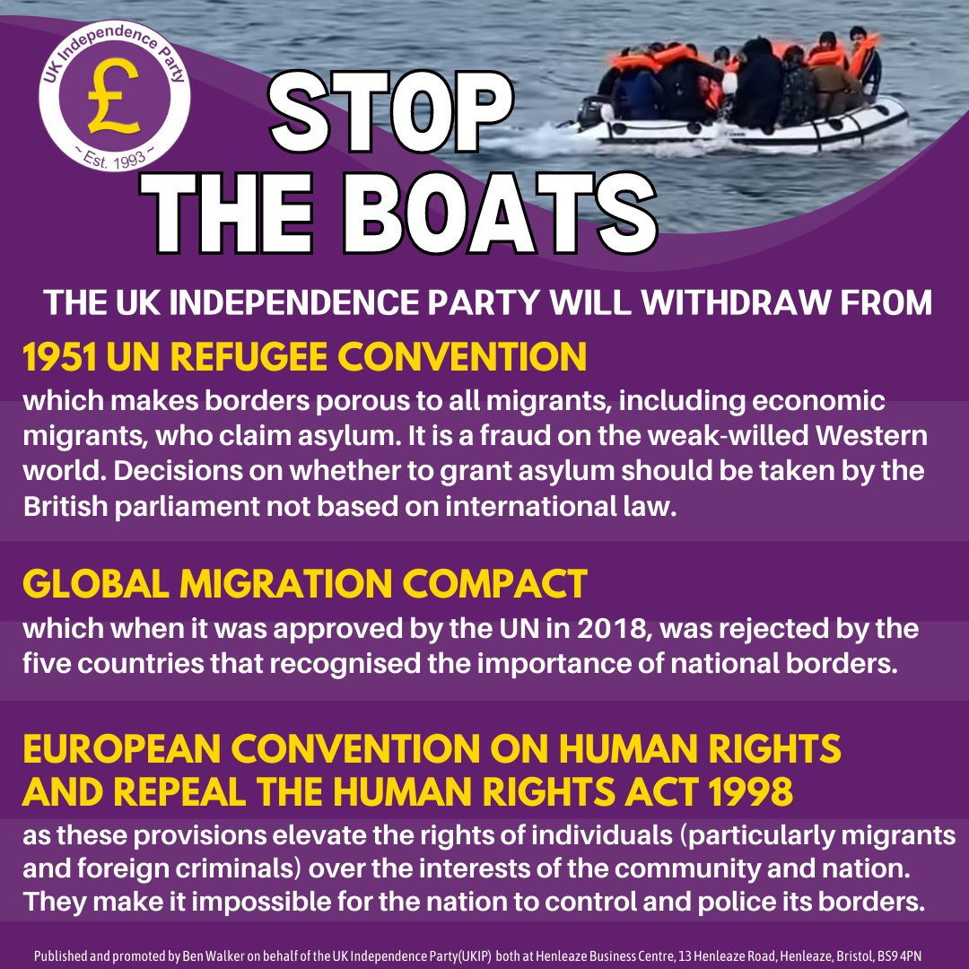 The only way to #StopTheBoats and #EndIllegalImmigration is to:

👍 EXIT #UNRefugeeConvention 
👍 EXIT #ECHR 
👍 EXIT #UNHumanRightsConvention
👍 EXIT #UNGlobalMigrationCompact
👍 REPEAL #Labour's #HumanRightsAct
👍 VOTE @UKIP