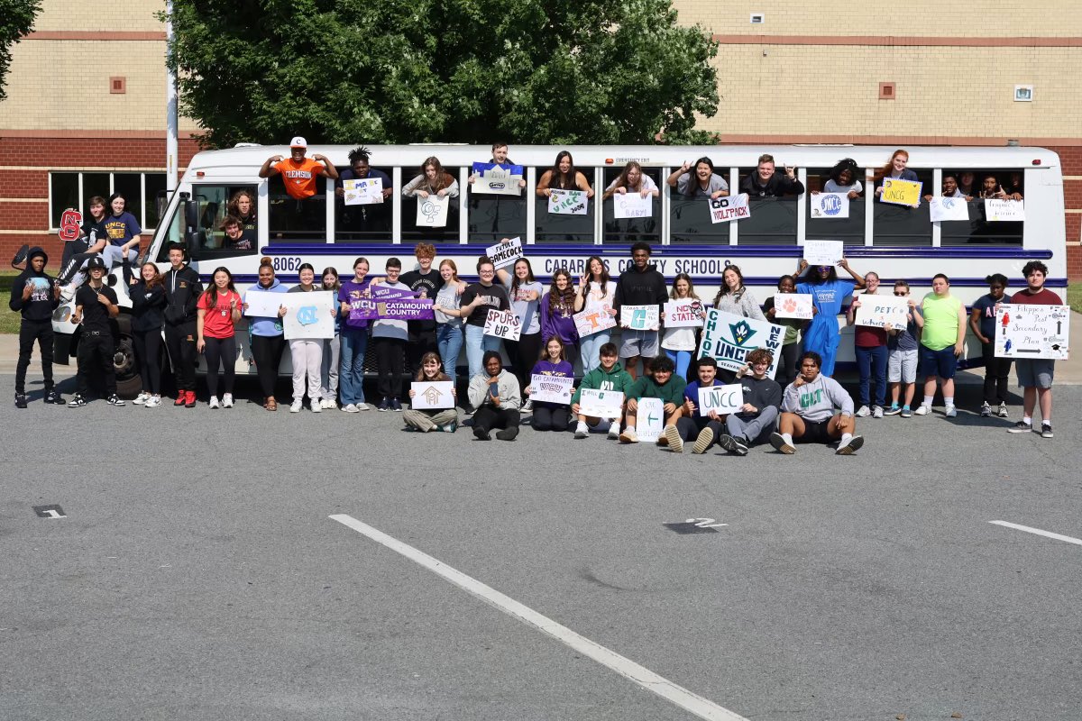 JMRHS_CTE's tweet photo. Senior Week: College-bound seniors took a bus pic representing their university…a new tradition at JRob. @JMRHS_AOEA @JMRHSPrincipal @CabarrusCTE @rlparker913 https://t.co/CelyQ375ez