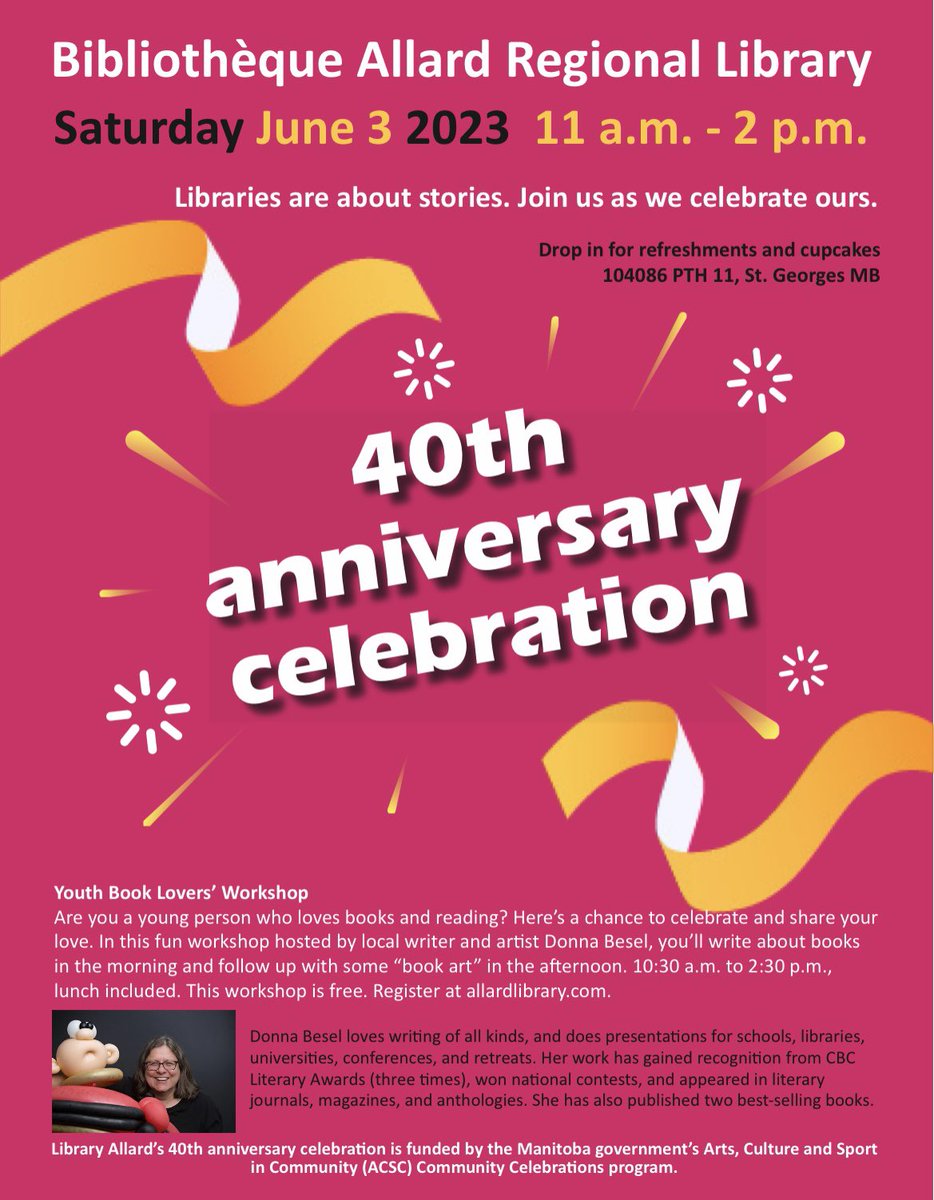 AllardLibrary's tweet image. Join us next Saturday June 3 for our 40th anniversary celebration 🥳🧁☕️ 🎈If you know any young book lovers, sign them up for our free writing and art workshop! Hope to see you there.