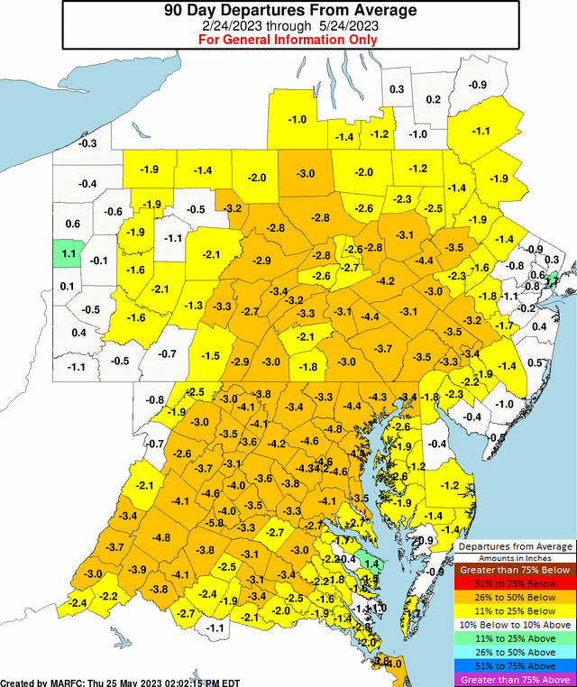 The weekly national drought monitor product was updated this morning. Moderate drought conditions exist over a small portion of the region while 21 percent is abnormally dry. Also shown is the precipitation departures for the last 90 days.