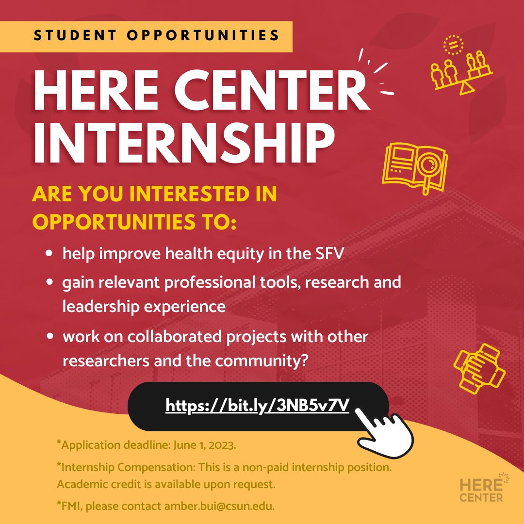 CSUN_HERE's tweet photo. Hi Matadors! Our internship applications are officially open for Fall 2023!

If you have any questions about the position, please contact Amber Bui at amber.bui@csun.edu. You can fill out the online application also linked in our bio.

https://t.co/QOqmP0cxnY https://t.co/MaWy1BmIAR