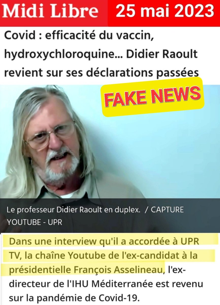 ⚠️DIDIER RAOULT DÉMENT AVOIR CHANGÉ D'AVIS SUR L'INJECTION ARNm
Notre entretien sur UPRTV a suscité beaucoup d'articles de presse affirmant qu'il venait de changer d'avis à 180°.
C'est faux.
Il vient de prouver par tweet qu'il n'a fait que redire sur UPRTV ce qu'il a toujours dit