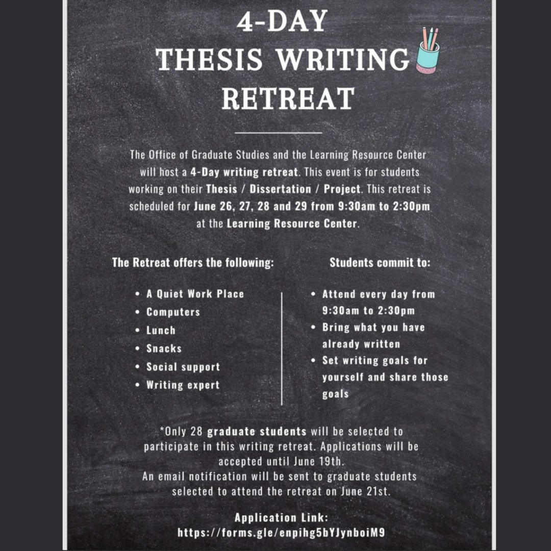CSUN_HERE's tweet photo. The Office of Graduate Studies and the Learning Resource Center are organizing a 4-day writing retreat for students who are working on their Thesis, Dissertation, or Project. 
https://t.co/SyaCdEUqtE https://t.co/4n1V67zyp8