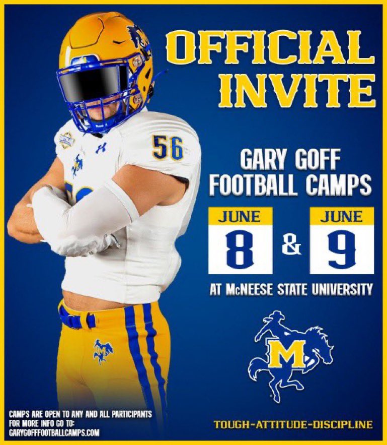 Thankful for the camp invite from @CoachGGoff to McNeese State football camp!! 
@RecruitsCenTex @GraceTylerGCS @TimRussellJBM @TXPrivateFBGuy @TXTopTalent