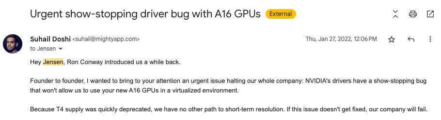 Suhail's tweet photo. I once emailed Jensen cold last year and he got a driver bug fixed in 12 hours. 30 years after its founding, this guy still acts like a hardcore founder.

Jensen is the best tech CEO in the game rn. https://t.co/fZu2tlQpml
