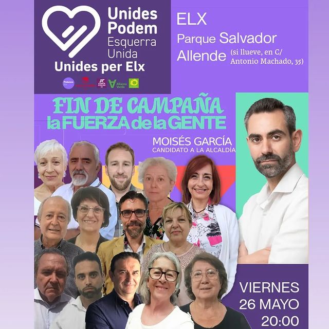 #Elche
Acto fin de campaña en el Jardín Salvador Allende (#Elche) desde la 20:00. #UnidesPerElx
Contaremos con la presencia de <a href="/SofiaBertomeu/">Sofía Bertomeu</a> Dj a cargo de la sesión posterior desde las 21.00h🎵🎛️🎶🥳🟪
#UnidasPorElche #elecciones2033 #eleccionesmunicipales2023 #eleccionesElche