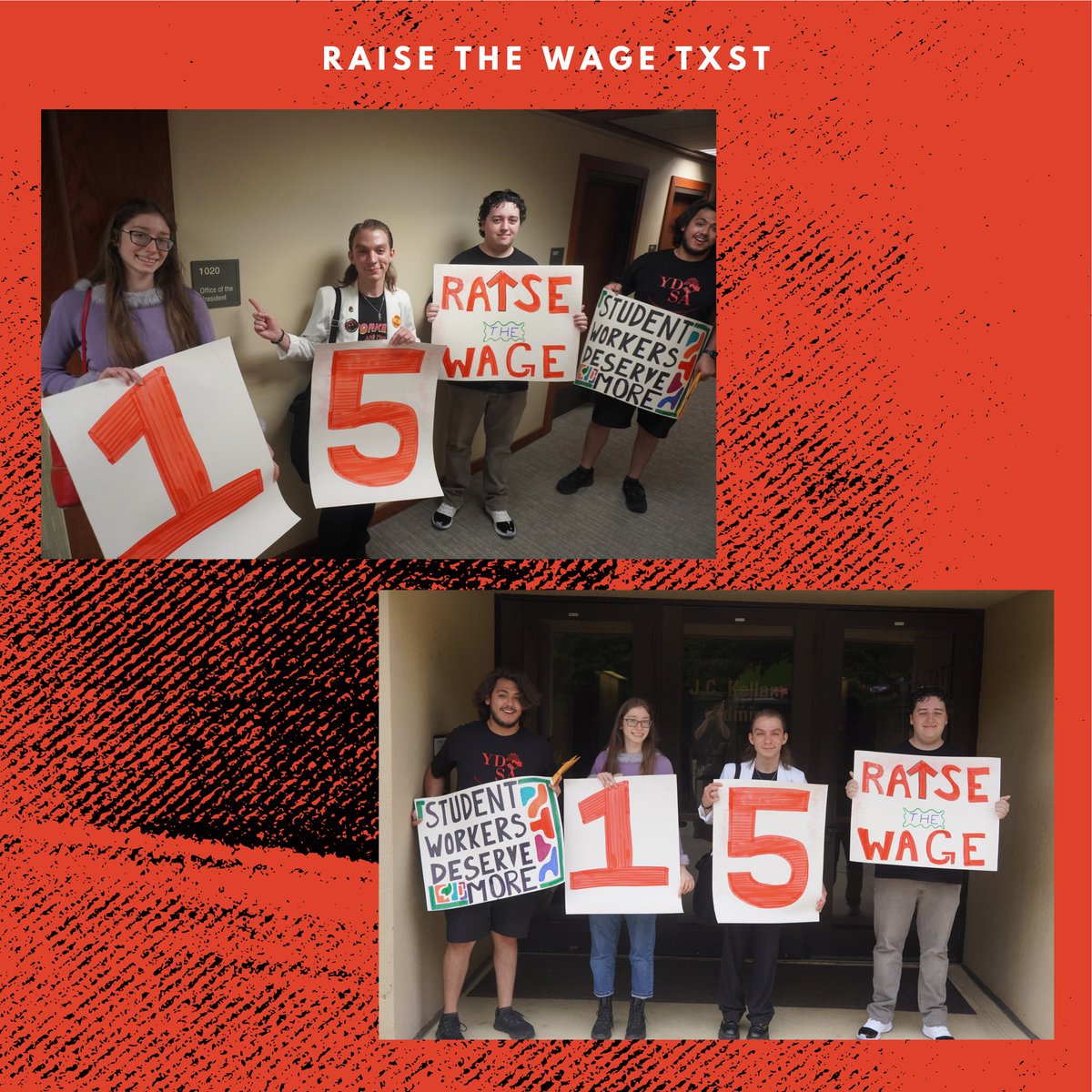 TXSTYDSA's tweet photo. Today, YDSA members who organize w/ the Raise The Wage campaign attended the first day of the Texas State University System Board of Regents’ Quarterly Meeting. Swipe through for developments from today’s meeting and join us in LBJ tomorrow for day two, including public comments! https://t.co/UHS0RuTPi4