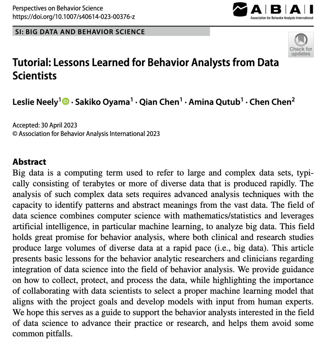 🚨New publication from @LeslieCNeely in Perspectives on Behavior Science. If you're interested in how #DataScience can be useful in #BehaviorAnalysis, you'll want to read this! @edp_utsa @UTSACOEHD @coehdresch_utsa @torresutsa