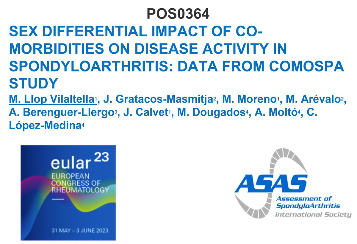 Official_ASAS's tweet photo. Project from the ASAS #COMOSPA study, being presented at #EULAR2023 β POS0364 Sex differential impact of comorbidities on disease activity in spondyloarthritis https://t.co/BCoCKKG0LN
