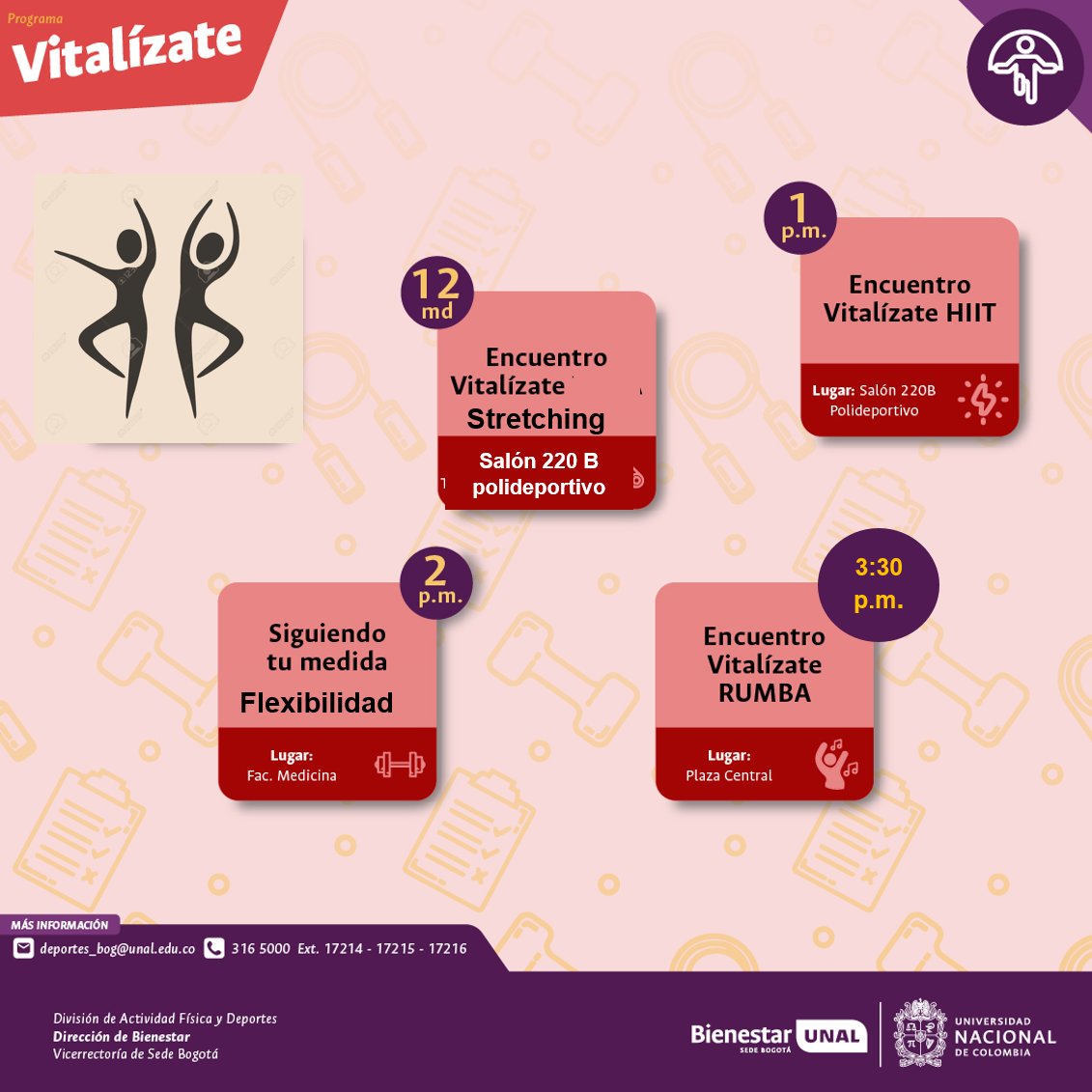 Porque llego el viernes y el cuerpo lo sabe, tenemos actividades todo el día para ti.
Inscríbete en el siguiente link forms.gle/tQnSdA1NHQuMMp…
#SoyVitalizate #SomosBienestar #SomosUNAL #SomosActividadFisica #ComunidadUNAL #CadaMinutoCuenta