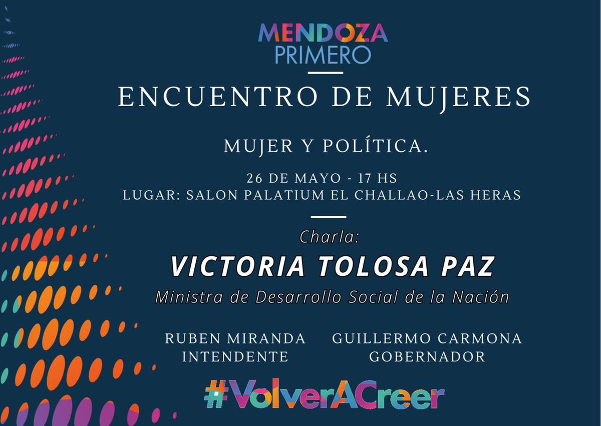 AvanzaMendoza's tweet photo. ✅ MUJER Y POLITICA

👉 Encuentro de Mujeres con
Victoria Tolosa Paz

📅 Viernes 26 de Mayo 
🕗 17:00hs
Salón Palatium El Challao

#MendozaPrimero
#AvanzaMendoza https://t.co/vVJxfbskmv