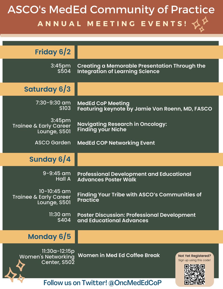 Countdown to #ASCO23 is on! Be sure to mark your calendars for these fabulous #OncMedEd events.

📢Special shout out for our Sat AM session featuring what promises to be an AMAZING Keynote Address by Dr. Jamie Von Roenn. All are welcome! #MedEd #Onctwitter #Education