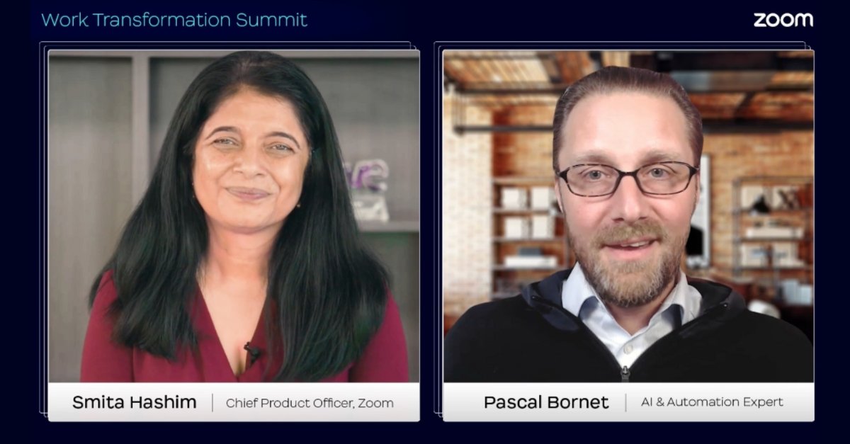 Zoom's tweet photo. If you missed #WorkSummit, our CPO, Smita Hashim, sat down with @pascal_bornet, AI expert & author, on the promise of AI — & how it could help us spend our time on more meaningful work. 💡
She expands deeper into the conversation with Pascal on our blog: https://t.co/BT0dU5mDou https://t.co/c8UCEDm2sO