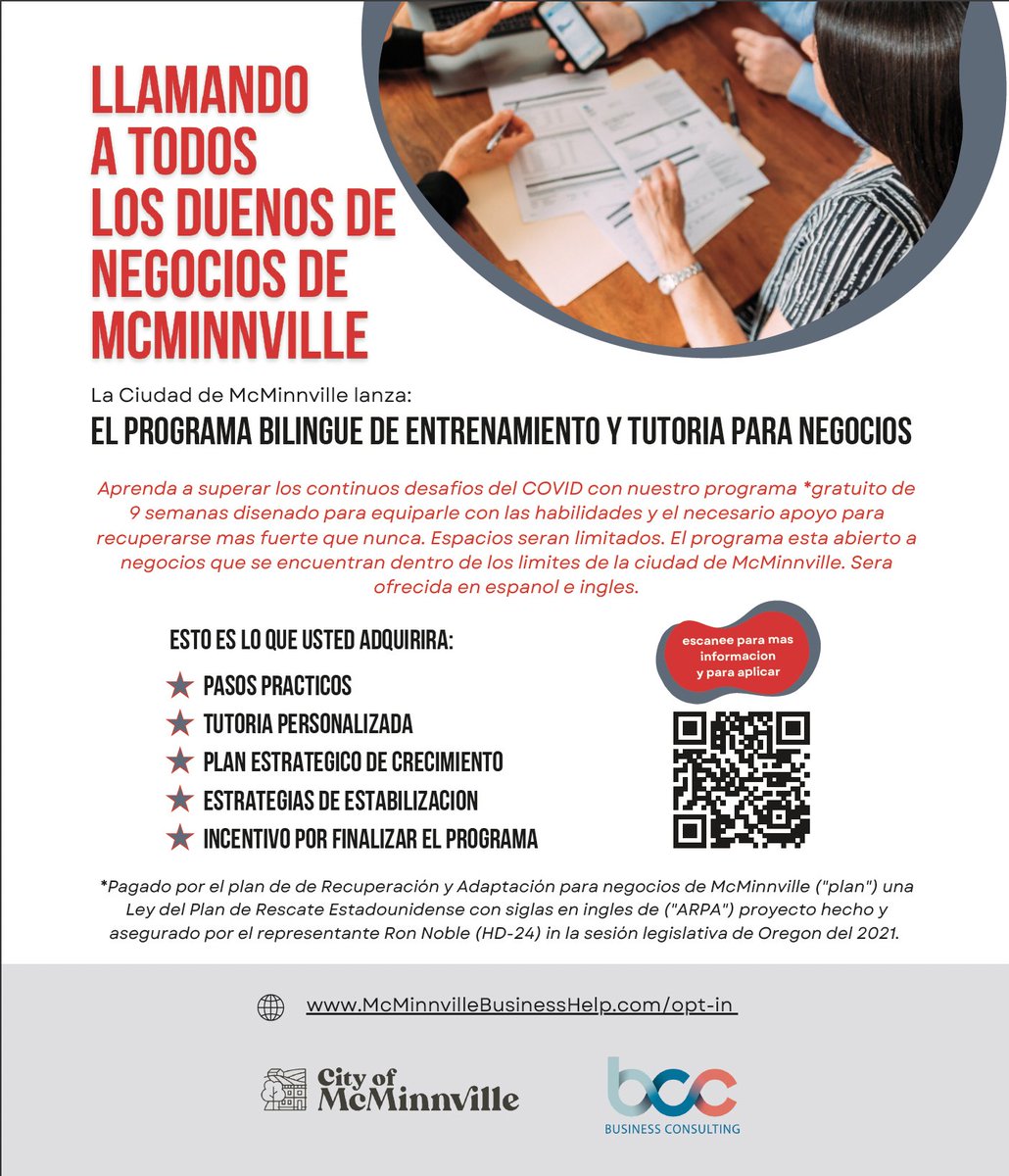 Calling all #mcminnvilleoregon #businessowner! #Free #bilingual #businesstraining.
Scan the QR in image and apply by June 7th, 2023!
More info. <a href="/citymcminnville/">cityofmcminnville</a> #businessresilience programs:  ow.ly/Bcv550OxeOR

#businessassistance #businessresources #businessmentor