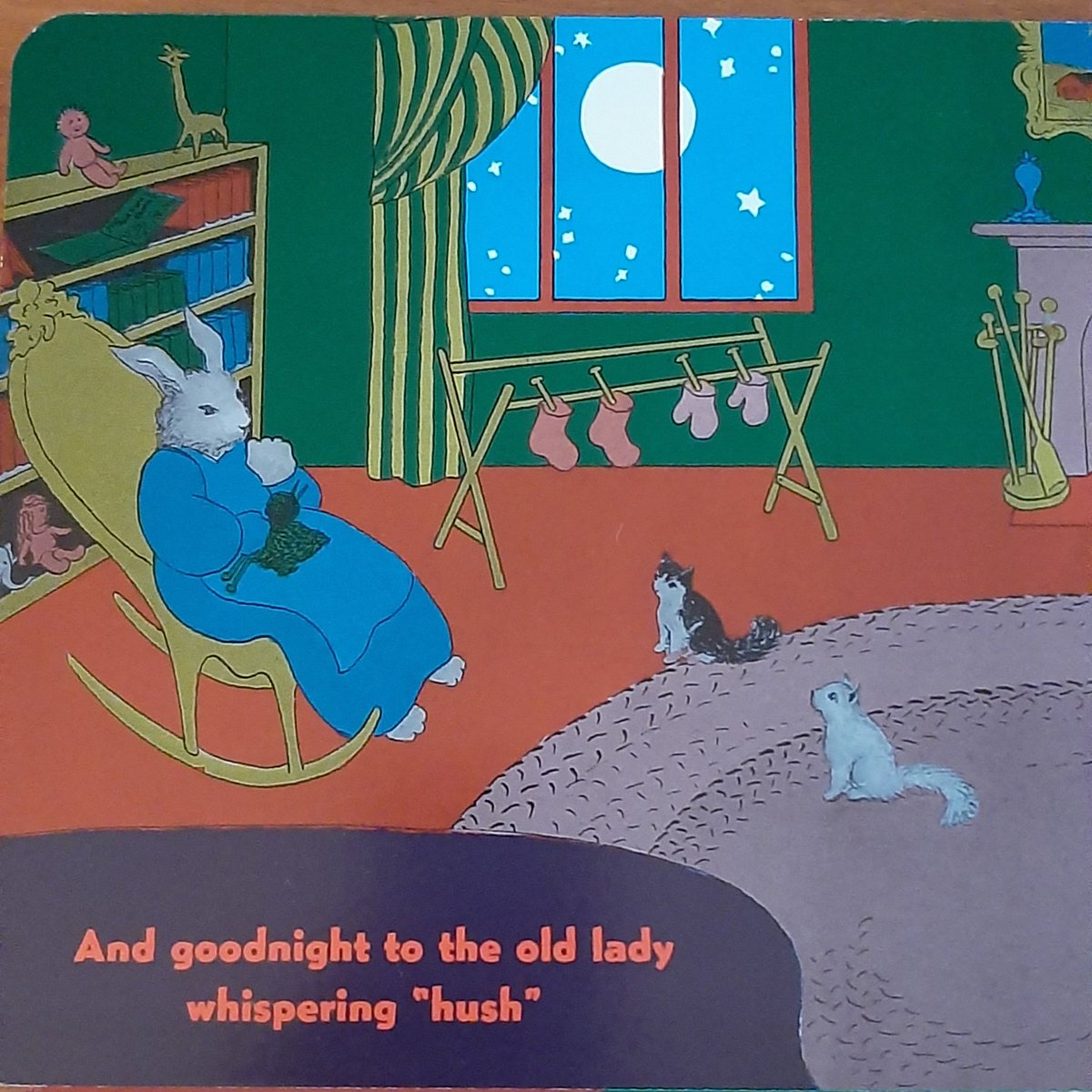 She's a ghost.
I've read Goodnight Moon 1000xs now, and am convinced. Even the cats know.
The scared kid keeps listing things in his room until she disappears and it's safe to sleep. This is a ghost story.
