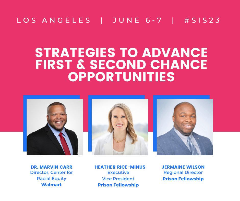 Join <a href="/Walmart/">Walmart</a>'s <a href="/DrMarvinCarr/">Marvin Carr</a> in conversation with Jermaine Wilson and <a href="/RiceMinus/">Heather Rice-Minus</a> of <a href="/prisonfellowshp/">Prison Fellowship</a> at #SIS23 as they discuss strategies to advance first and second chance opportunities at the 2023 Social Innovation Summit this June.