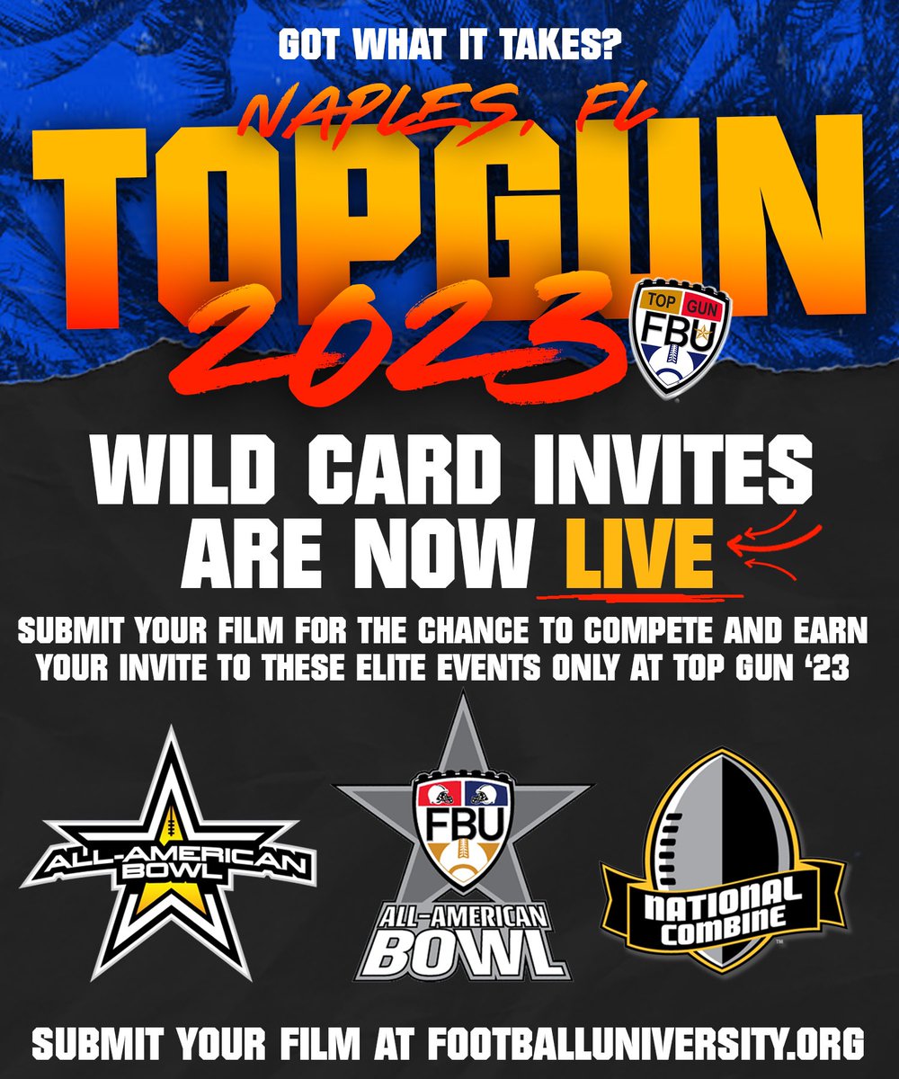 WHO’S GOT NEXT? 👀
DROP YOUR FILM 👇

Only the best of the best punch their ticket to Naples, FL for FBU Top Gun! Think you’ve got what it takes? 🧐

Submit your film at the link 👇  for the chance to be selected for Top Gun 2023 🔥

footballuniversity.org

#FBU #GetBetterHere