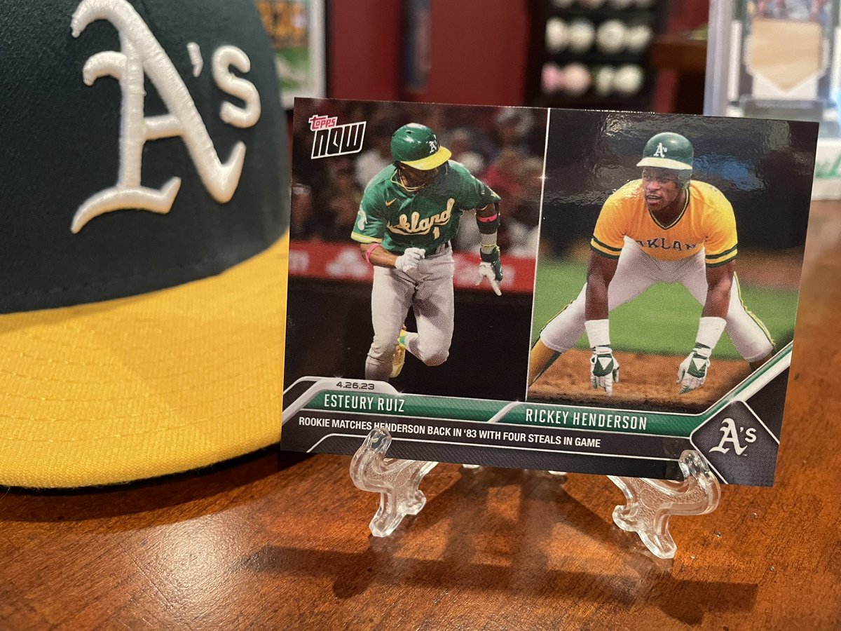 In an otherwise brutal year for the #oakland @Athletics @RuizEsteury has been a bright spot. His four steal game tying #rickeyhenderson mark back in ‘89 shown in this 2023 @Topps now release. #tradingcards #baseballcards #MLB 🧤🧤@CardPurchaser 🔥🔥