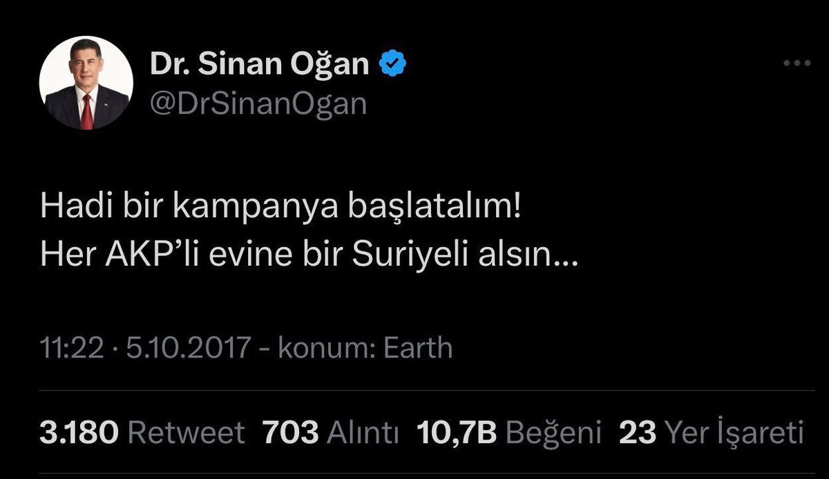 Sinan Oğan: 'Suriyeli kardeşlerimizi mancınıkla mı göndereceksiniz?' diye sorduğu soruya kendisi yanıt versin. Her AKPli evine bir Suriyeli alsın diye öneren S.Ogan'dı. SOgan'a ayrıcalık yapalım evine bir Suriyeli değil bir düzine alsın