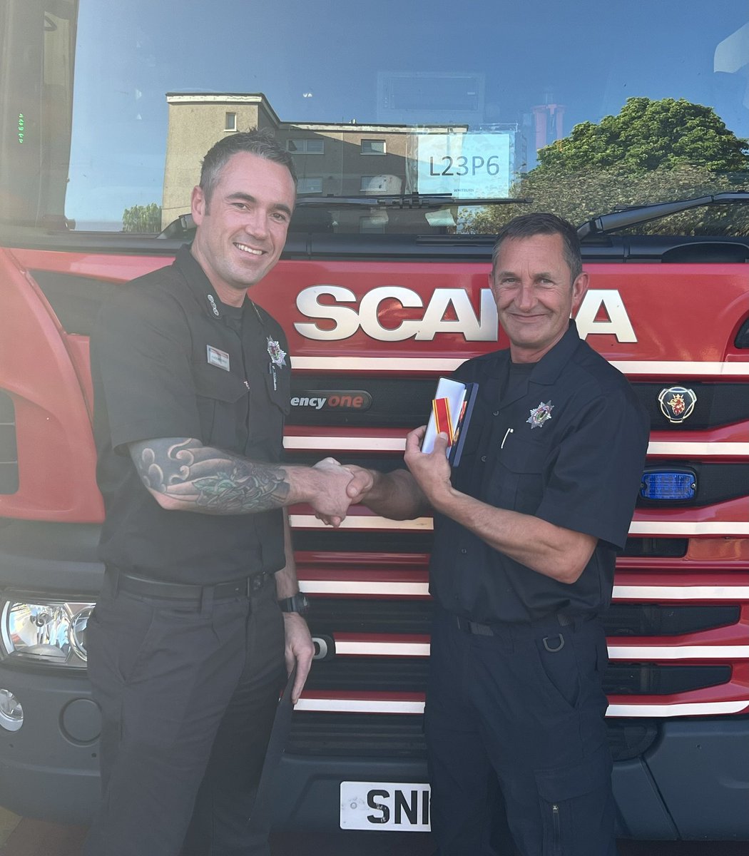 Congratulations to FF Nick Mullen at Whitburn Fire Station for a dedicated 20 years service protecting the local community , here we have SC Fowlie presenting FF Mullen with his Long Service Good Conduct award, outstanding achievement to a very respected FF.