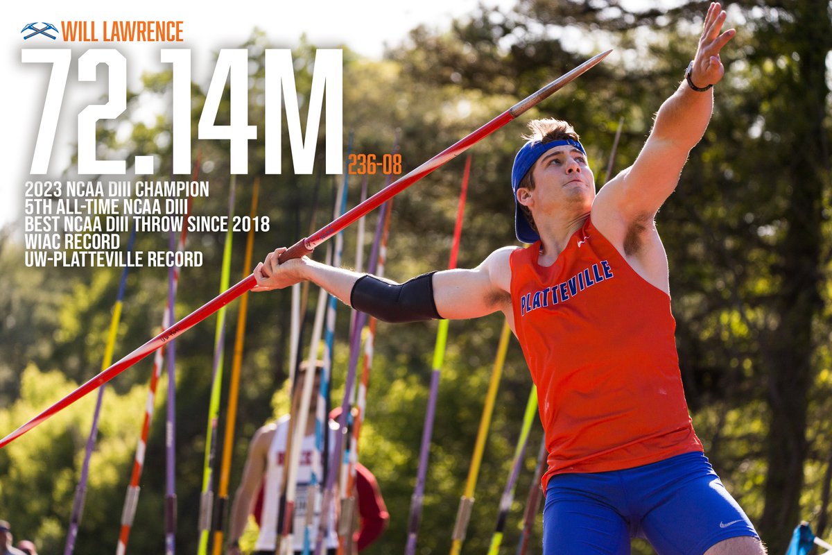 UW-Platteville Athletics (@uwp_pioneers) on Twitter photo Congrats to Will Lawrence of <a href="/UWPlattTrackXC/">UW-Platteville Track/XC</a>!
Javelin Throw: 72.14M | 236-08
🏆2023 <a href="/NCAADIII/">NCAA Division III</a> Champion
🏅5th-Best throw in DIII History
🏅Best throw in DIII since 2018
🥇WIAC Record
🥇UW-Platteville Record (broke own record of 69.85m)
#uwplatteville #platteville #SwingTheAxe Congrats to Will Lawrence of <a href="/UWPlattTrackXC/">UW-Platteville Track/XC</a>!
Javelin Throw: 72.14M | 236-08
🏆2023 <a href="/NCAADIII/">NCAA Division III</a> Champion
🏅5th-Best throw in DIII History
🏅Best throw in DIII since 2018
🥇WIAC Record
🥇UW-Platteville Record (broke own record of 69.85m)
#uwplatteville #platteville #SwingTheAxe