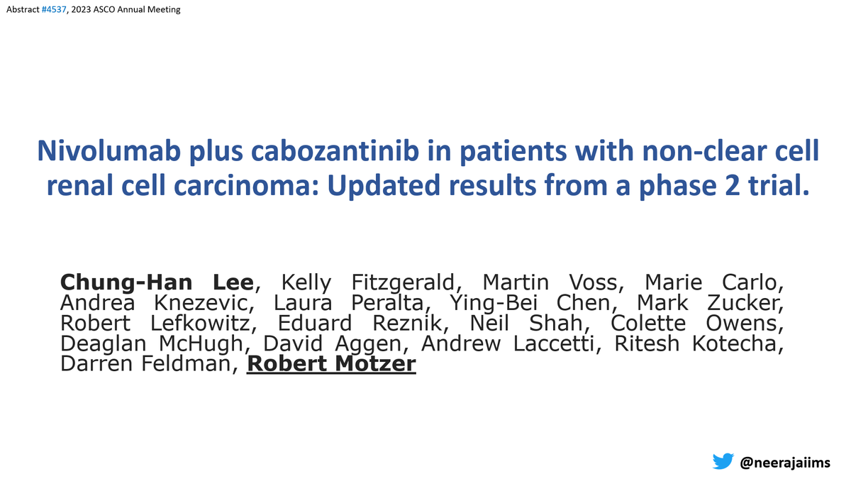 neerajaiims's tweet photo. Ab#4537 #ASCO23 @ASCO : updated results from Ph 2 study of nivolumab + cabozantinib in pts with non-clear cell RCC #kidneycancer➡️ORR 54% in 1st line Rx, 36% in 2nd line Rx 👉https://t.co/d9XJ3UaadV
@motzermd @kidneycan @OncoAlert @urotoday https://t.co/nsr6Y89PXf