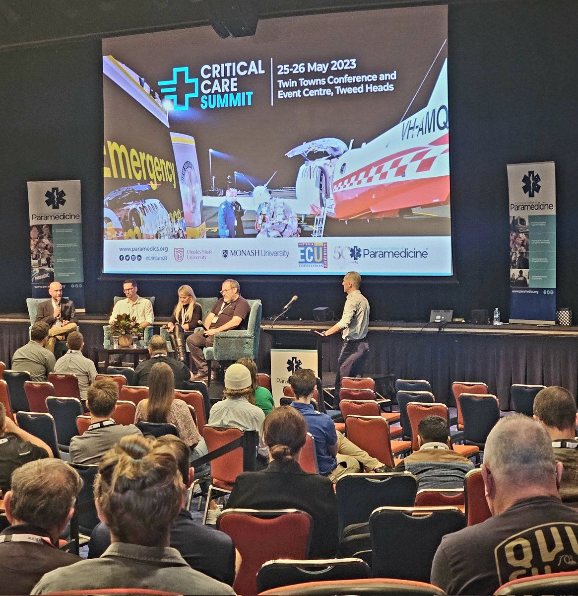 ACParamedicine's tweet photo. This morning's #CritCare23 Keynote Discussion is on Ethical Critical Care.

Host and organising committee co-chair @ben_meadley is joined on stage by Medical Directors @drjasonbendall, @expensivecare, @fernando_sanj &amp; Dr Gayle Christie. https://t.co/CSCe75oT5z