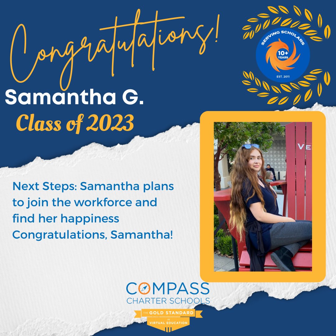 CompassCs's tweet photo. Please help us recognize Samantha! She plans to join the workforce and find her happiness. Congratulations, Samantha!
#CompassExperience #Classof2023 #NextChapterReady #SeniorSpotlight https://t.co/8VolrGv6IB