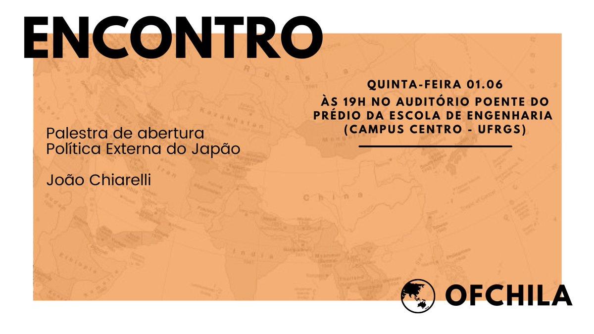 📢 Convidamos todos e todas para a palestra de abertura de 2023 da <a href="/_ofchila/">OfChiLA</a> na próxima quinta (01), no Auditório poente da Escola de Engenharia. O tema de debate da atividade será sobre política externa do Japão e contará com a participação de João Chiarelli 🇯🇵 (<a href="/ImperadorJoao/">ImperadorJoao</a>)