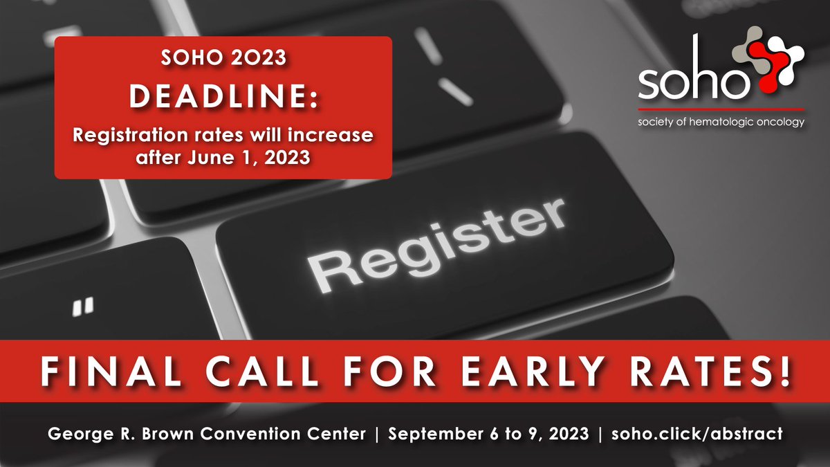 Don't miss your chance to register for #SOHO2023 at the lowest registration rates! Rates will increase after June 1. 
soho.click/2023
#lymphoma, #leukemia, #myeloma, #leusm, #lymsm, #mmsm, #bmtsm