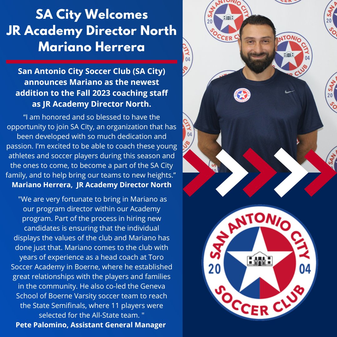 We are thrilled to announce the hiring of Mariano Herrera as the director of the Jr. Academy North Location at Specht Complex.  After careful consideration of several candidates, SA City has found the perfect match for this position.

#BuildingTheCITY #SACityProud
🔵🔴