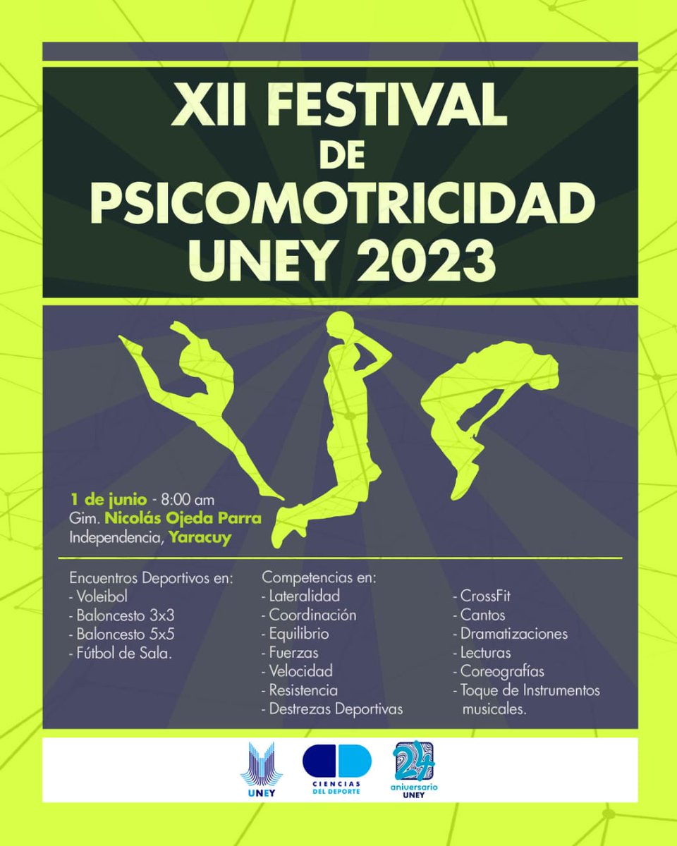 Este 01 de junio la <a href="/uney_oficial/">UNEY</a>, a través del espacio académico <a href="/cdeldeporteuney/">CsdelDeporteUNEY</a> estará llevando a cabo el XII Festival de Psicomotricidad UNEY 2023, donde los #Estudiantes medirán sus habilidades psicomotrices en diferentes encuentros, competencias y pruebas de talento.