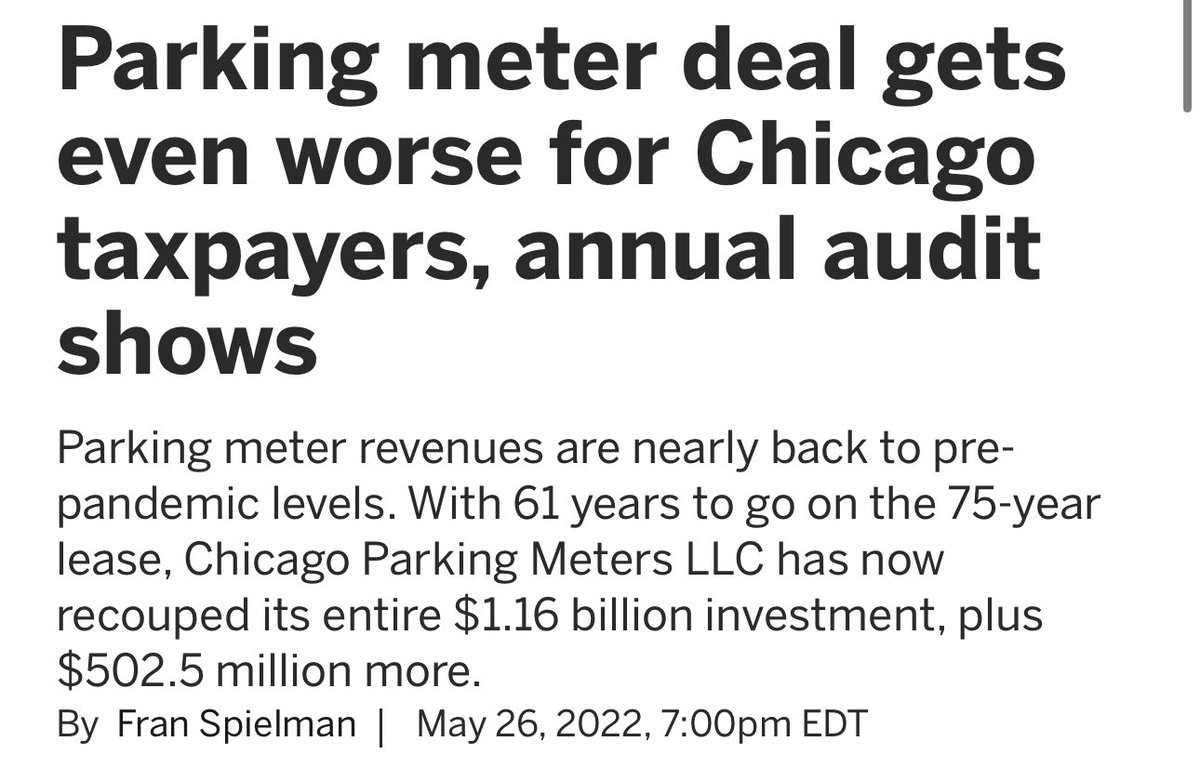 TODAY I LEARNED YOU CAN BUY RIGHTS TO FUTURE REVENUE OF GOVERNMENT PARKING METERS 

AND UAE OWNS ALL THE PARKING METERS IN CHICAGO 

UAE BOUGHT BOUGHT 36000 PARKING METERS IN CHICAGO FOR 1.1 BILLION 

UAE HAS MADE $1.6 BILLION AND STILL OWNS THE PARKING METERS FOR 61 MORE YEARS