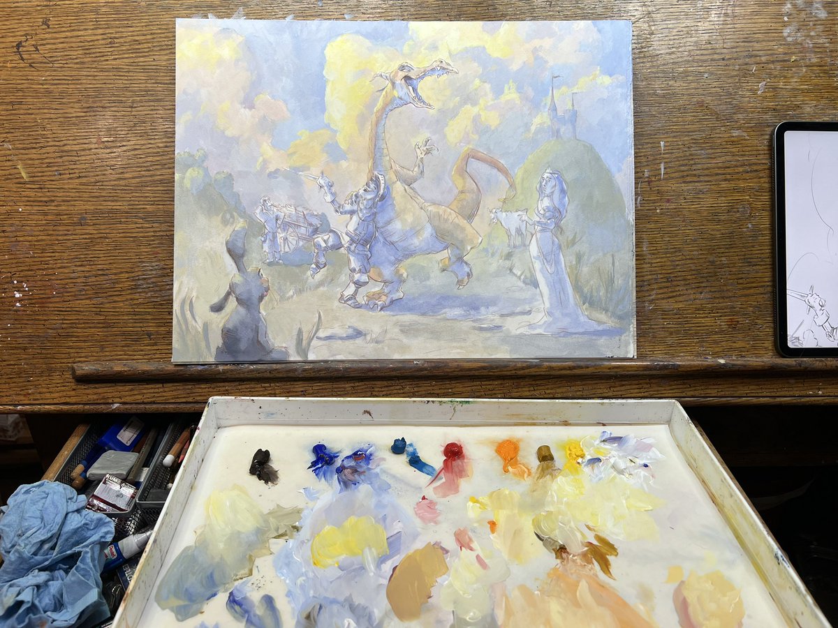 chuck_grieb's tweet photo. Pressing on. Working back to front, I managed to move forward on the painting this afternoon.
#fantasyart #dragon #kidlitart #casein #stillalottodo #painting https://t.co/98dBAI8BYp