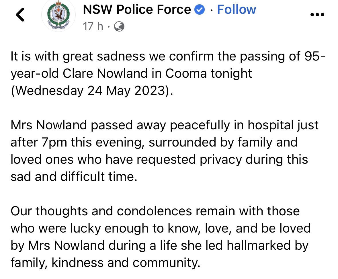 DebKilroy's tweet photo. You’s killed her 

NSW cops are not changing this narrative to make out that Mrs Nowland died “peacefully”

You tasered &amp; killed her - show some respect to the family &amp; own your violence 

I’m over the racial gendered violence of policing #disarmthepolice #DefundThePolice https://t.co/m0J2HsGUhz