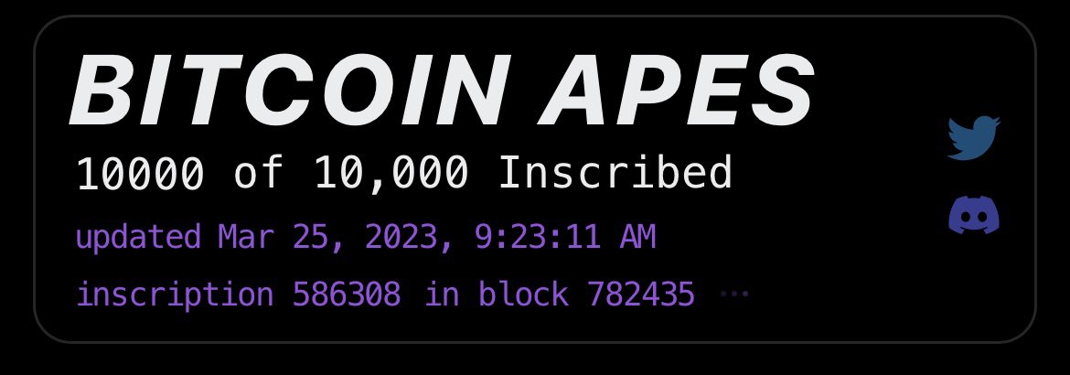 Exactly 2 months ago today the final 10,000th Bitcoin Ape was inscribed - congratulations to the community! 🎉