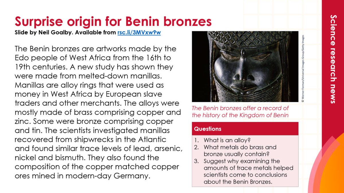 Teaching metal #alloys? 

Use this #scienceresearch as a learning context for your 14–16 classes.

Download @NGoalby's summary slide with questions and answers, and use @ninanotman's story as a handout ⏩edu.rsc.org/science-resear…

#chemed #edchat #edutwitter