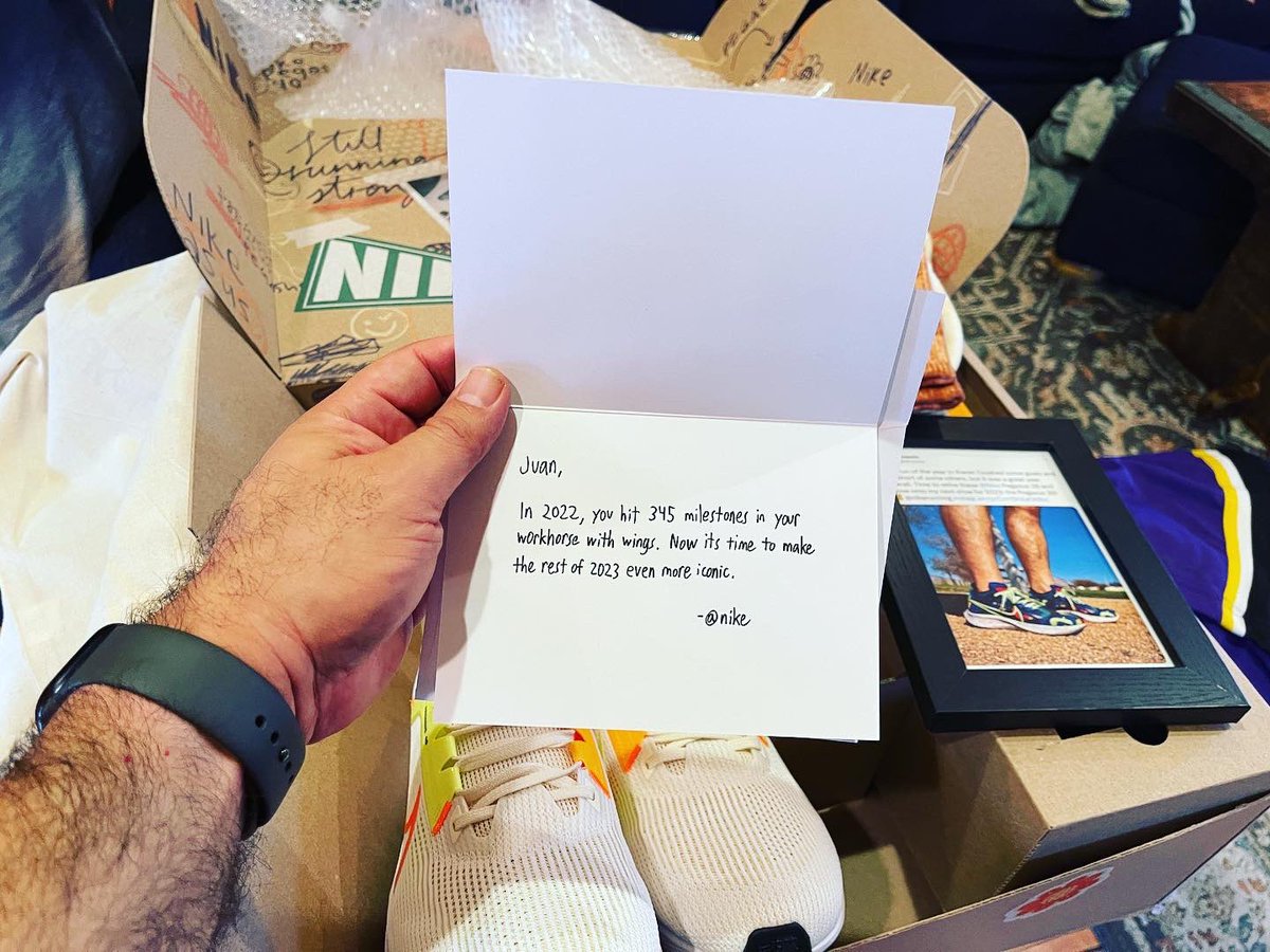 WHO SAID RUNNING DOESN’T PAY OFF?! I was shocked to receive a surprise gift from @nikerunning: a box celebrating my 2022 running, packed with socks, a Polaroid, a frame of my photo, and best of all: new @Nike Pegasus 40! BEST DAY EVER! Who wants to go for a run?! Thank you, Nike!
