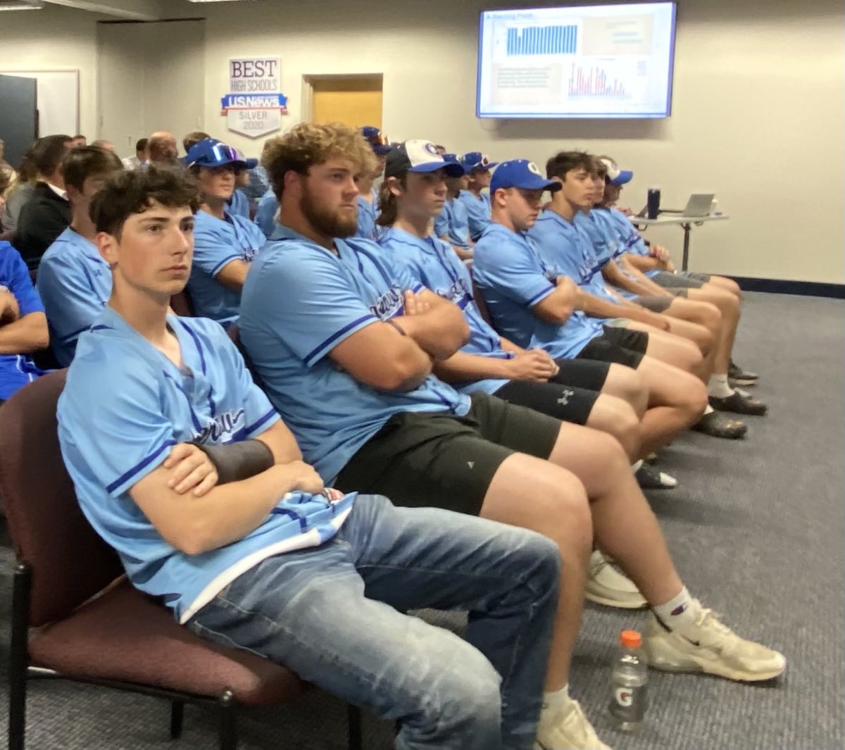 ⁦@QtownHSBaseball⁩ well represented at tonight’s School Board meeting. ⁦@QCHSAthletics⁩ ⁦@BillHarner⁩