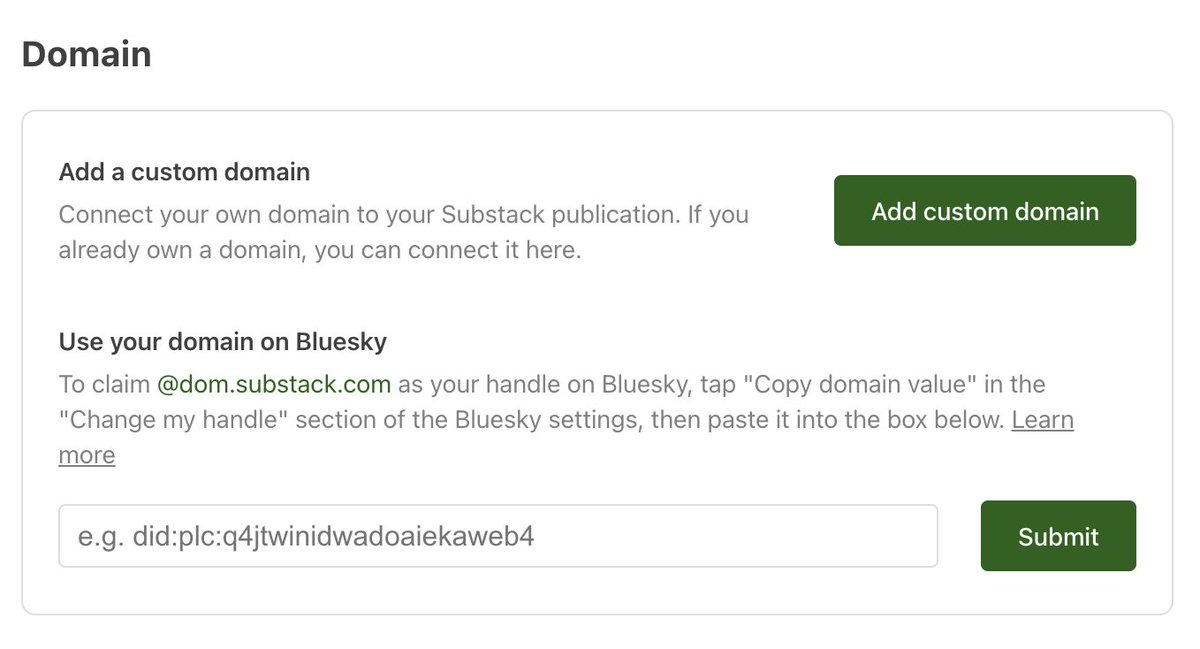 It's pretty cool that <a href="/SubstackInc/">Substack</a> lets you claim your subdomain as a <a href="/bluesky/">Bluesky</a> handle via some fancy DNS magic.

Wouldn't be surprised if we saw more of this integration across other platforms.