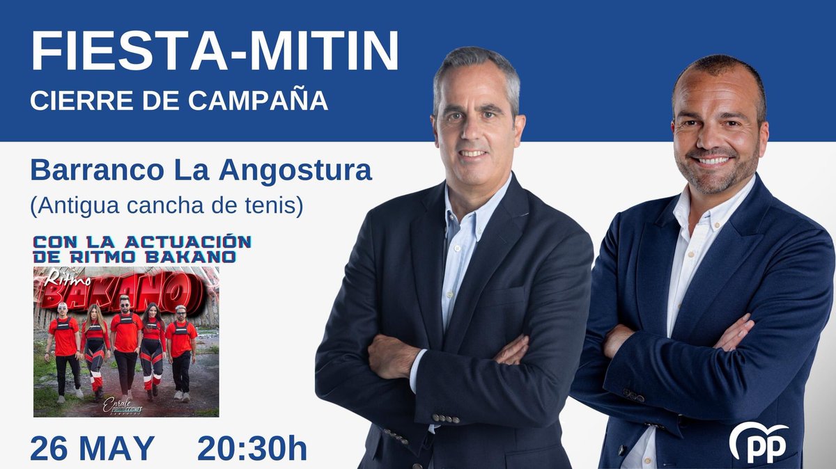 🎉 ¡Fiesta cierre de campaña!
Con el candidato al Cabildo, <a href="/JorgeBlan/">Miguel Jorge Blanco</a>.
🎶 Música en directo con Ritmo Bakano.
📅 Este viernes, 26 de mayo, a partir de la 20:30 horas en el Barranco de La Angostura. #Elmomentoesahora #EntreTodos #VotaPP #SantaBrígida