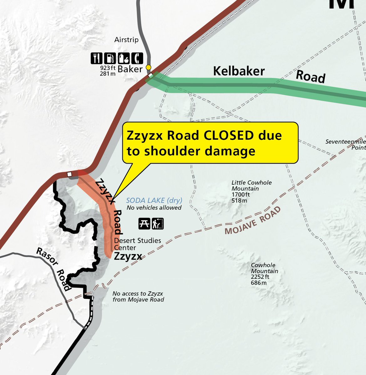 Zzyzx Road is CLOSED due to damage. Expected reopening is mid June