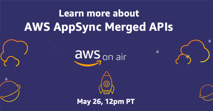Join us for <a href="/AWSonAir/">AWSonAir</a> tomorrow, May 26th, to learn more about the latest AWS AppSync Merged APIs launch 🚀 and how to get started 🖥️ ☁️

Join the Twitch stream at 12pm PT: go.aws/3WPa5lD