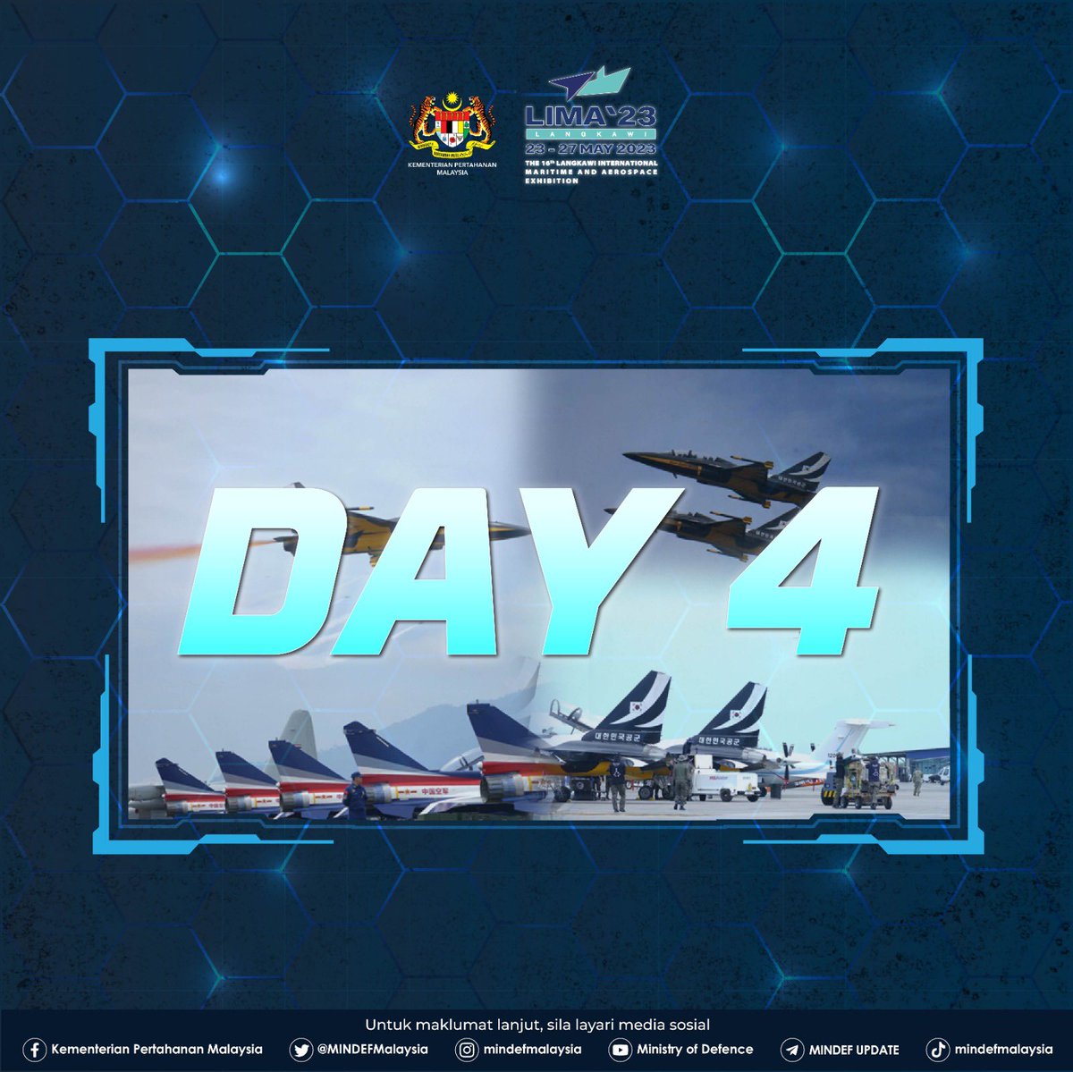 Greetings from Langkawi!

It’s a public day today!

Join us at #LIMA2023 until 27th May😎

#MindefMalaysia
#MindefUpdate
#LIMA2023
#LetsGoLIMA23
#JomMeriahLIMA2023
#FuyohLIMA2023
#LIMA2023Gempak
#LetsGetLoudLIMA2023
#CantStopHashtaggingLIMA2023
#ThePowerOfLIMA2023