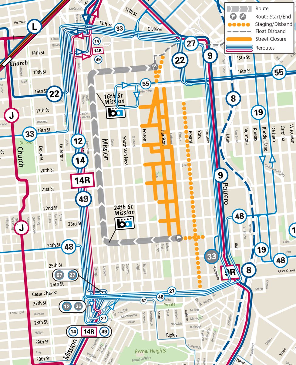 HeadsUp: <a href="/carnavalsf/">Carnaval San Francisco</a> Grand Parade will take place on Sunday starting at 9:30 a.m in the Mission District.  Streets will be closed &amp; Muni will reroute around the parade and festival area. #carnavalsf

Muni: sfmta.com/project-update…

Street closures: sfmta.com/travel-updates…